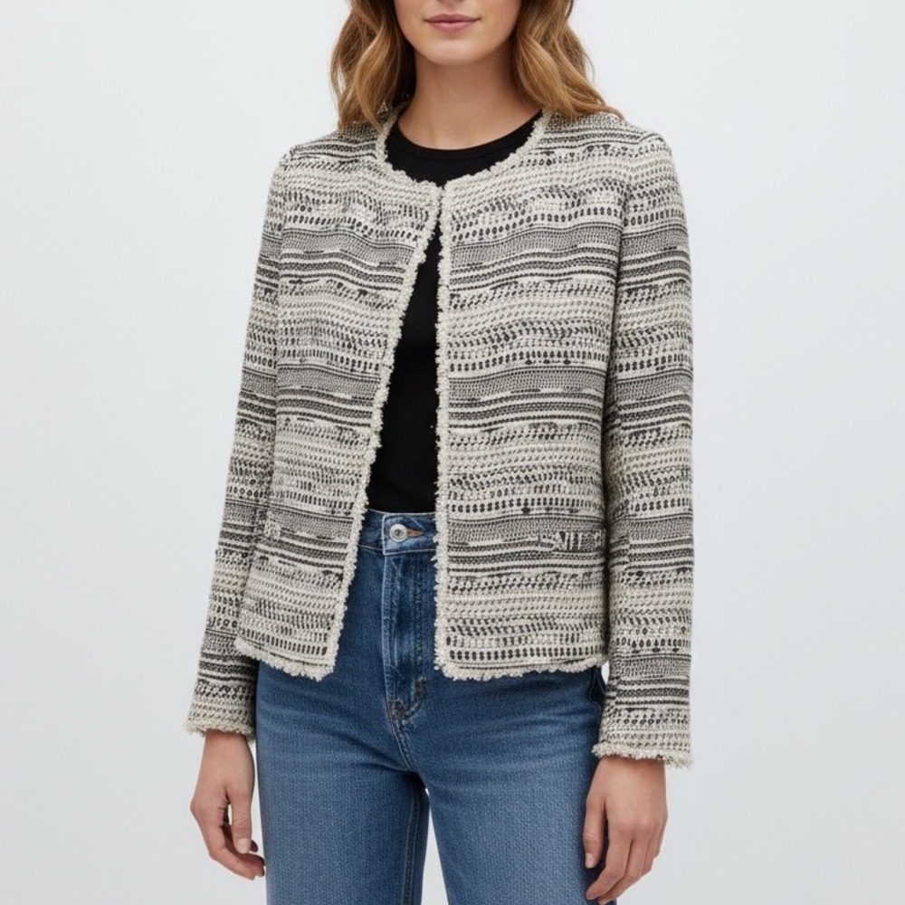 Joie Tweed Collarless‎ Jacket Textured Fringe Open Front XS
